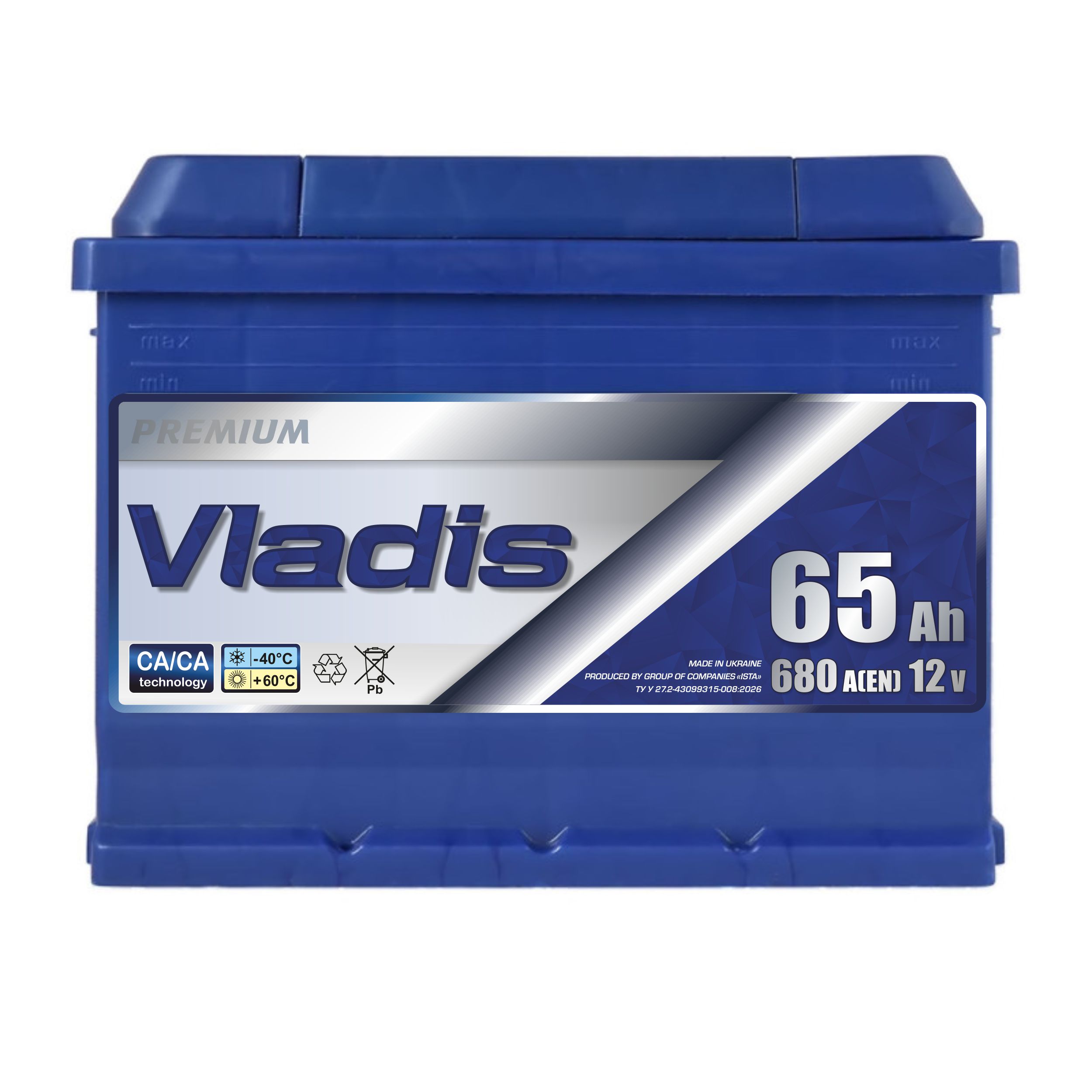 Акумулятор VLADIS PREMIUM 6СТ - 65Аh, 680A, плюс зліва (L+), 242x175x190мм